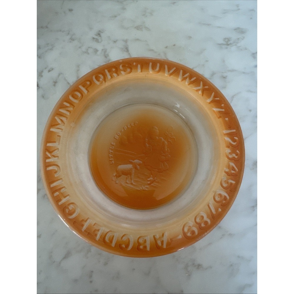 Vintage Childs Glass Bowl Little Bo Peep Alphabet & Numbers Orange Frosted